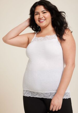 Plus Size Solid Lace Trim Crinkle Cami