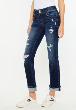 KanCan&trade; Mid Rise Open Ripped Cuff Hem Straight Ankle Jean