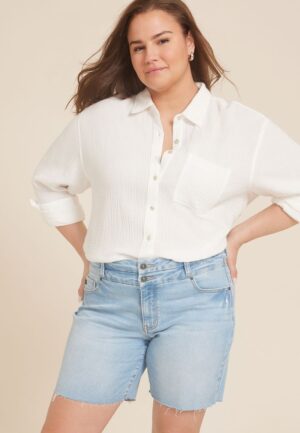 Plus Size KanCan&trade; High Rise Stacked Waist Double Button 8in Bermuda Short