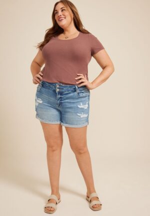 Plus Size KanCan&trade; Mid Rise Stacked Waist Raw Cuffed Hem 5in Short