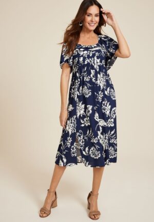 Floral Pleated Bodice Midi Dress