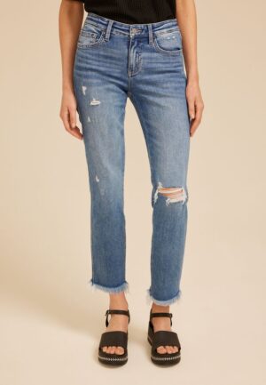 Flying Monkey&trade; Mid Rise Frayed Hem Slim Straight Ankle Jean