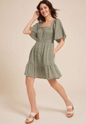 Printed Flutter Sleeve Babydoll Dress