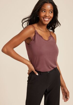 Sandwash Lace Trim V Neck Swing Cami