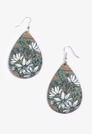Floral Watercolor Wooden Teardrop Earrings