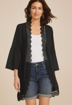 Crochet Trim Curve Hem Kimono