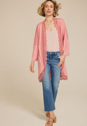 Crochet Trim Curve Hem Kimono