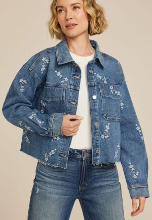 Embroidered Floral Cropped Denim Jacket
