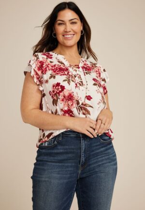 Plus Size Floral Double Flutter Short Sleeve Blouse