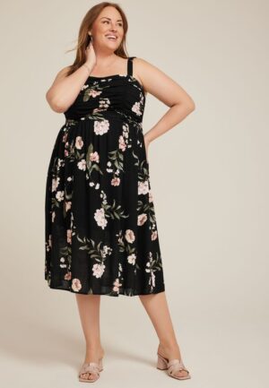 Plus Size Bare Ruched Square Neck Midi Dress