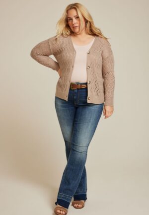 Plus Size Zig Zag Pointelle Button Front Cardigan