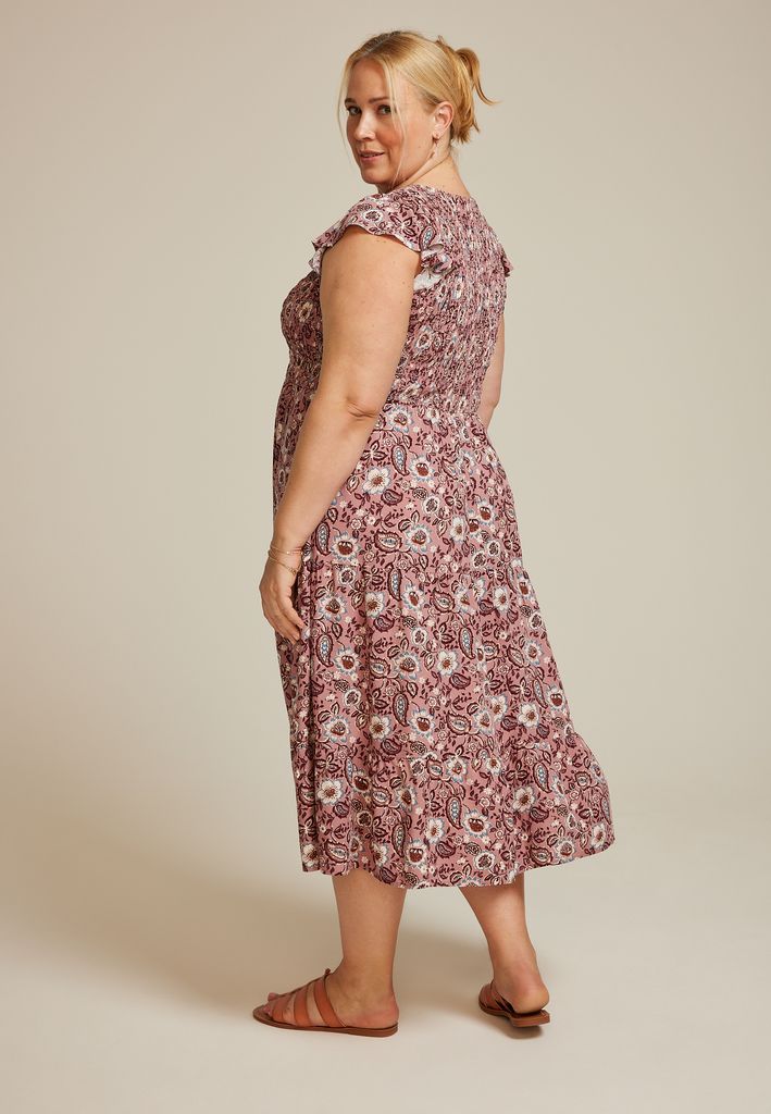 Plus Size Printed Flutter Sleeve Smocked Midi Dress - Image 2