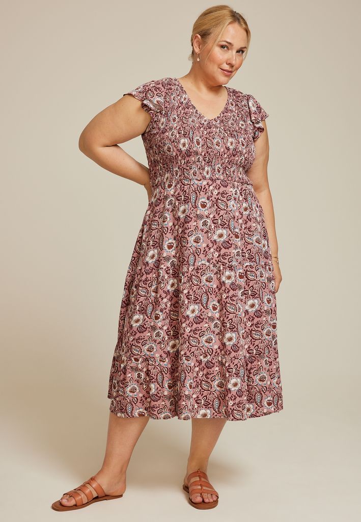 Plus Size Printed Flutter Sleeve Smocked Midi Dress - Image 3