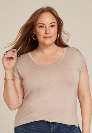 Plus Size Grommet Shoulder Scoop Neck Tee
