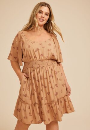 Plus Size Floral Flutter Textured Skater Dress