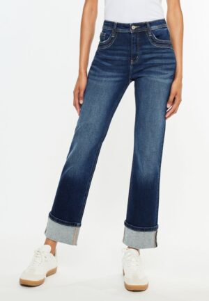 KanCan&trade; High Rise Seamed Pocket Cuffed Hem Straight Jean