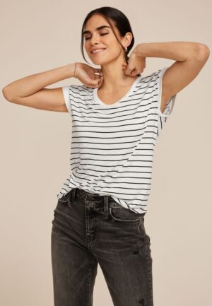 Striped Grommet Shoulder Scoop Neck Tee