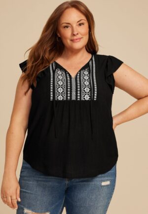 Plus Size Embroidered Short Flutter Sleeve Tie Front Blouse