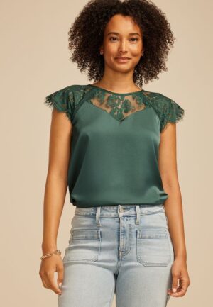 Mixed Fabric Lace Short Sleeve Blouse