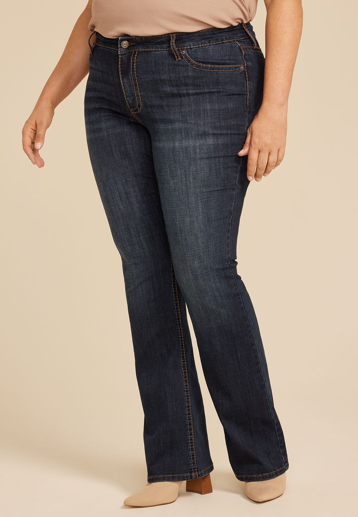 Plus Size Dark Crosshatch Mid Rise Thick Stitch Bootcut Jean