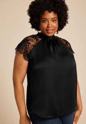 Plus Size Black Lace Short Sleeve Blouse