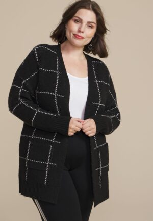 Plus Size Windowpane Open Front Cardigan