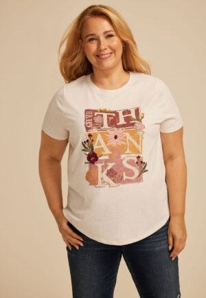 Plus Size Floral Embroidered Give Thanks Classic Fit Graphic Tee