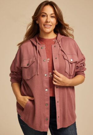 Plus Size Waffle Knit Hooded Shacket