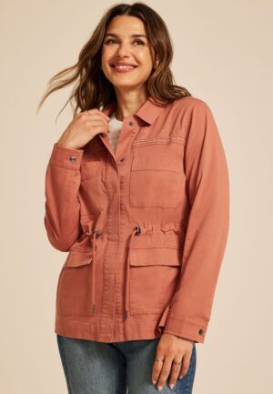 Embroidered Twill Cinched Waist Jacket