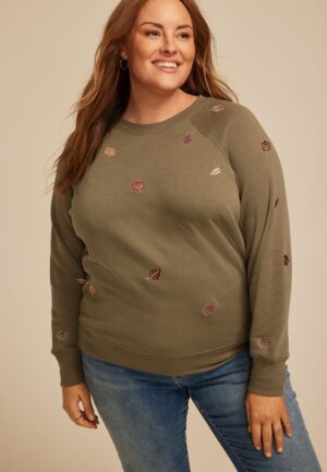Plus Size Embroidered Falling Leaves Relaxed Fit Sweatshirt
