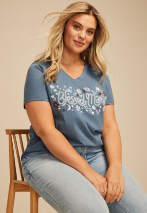 Plus Size Floral Embroidered Blessed Mama Classic Fit Graphic Tee
