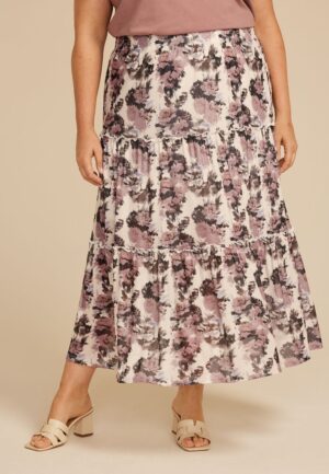 Plus Size Studio Y Abstract Floral Mesh Tiered Maxi Skirt