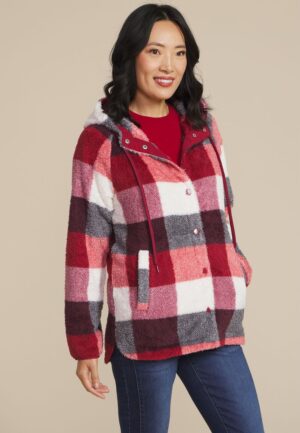 Sherpa Plaid Hooded Snap Button Front Jacket