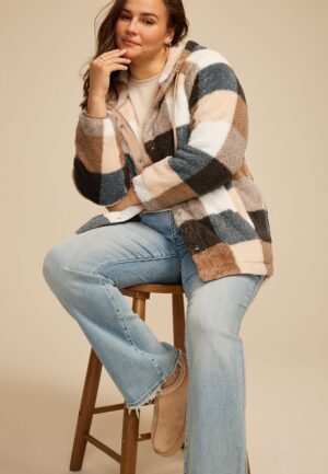 Plus Size Sherpa Plaid Hooded Snap Button Front Jacket