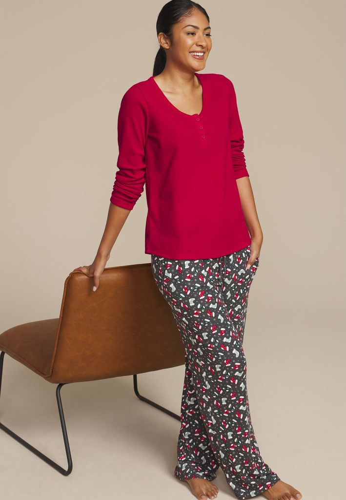 Hacci Henley Long Sleeve Tee And Wide Leg Pajama Set - Image 3