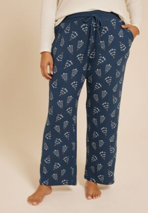 Plus Size Blue Hacci Christmas Tree Wide Leg Pajama Pants