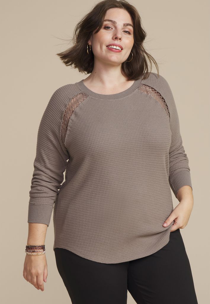Plus Size Crochet Trim Waffle Knit Long Sleeve Tee