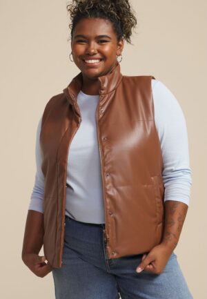 Plus Size Faux Leather Quilted Vest