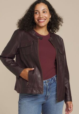 Plus Size Faux Leather Trucker Jacket