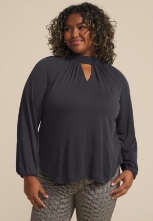 Plus Size Keyhole Neck Blouson Sleeve Blouse