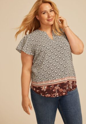 Plus Size Atwood Floral Border Flutter Sleeve Blouse