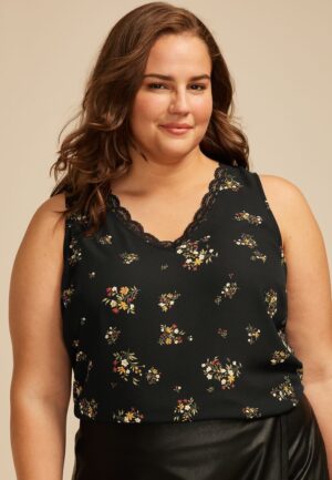 Plus Size Floral Lace Trim V Neck Tank Top