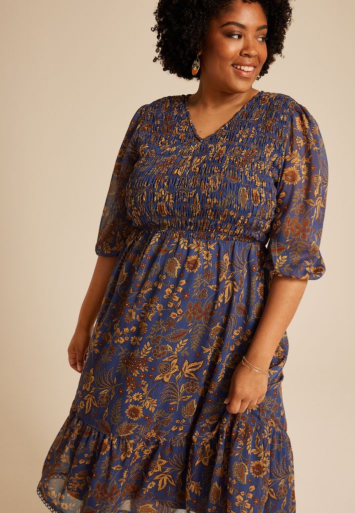 Plus Size Floral Smocked Midi Dress - Image 3