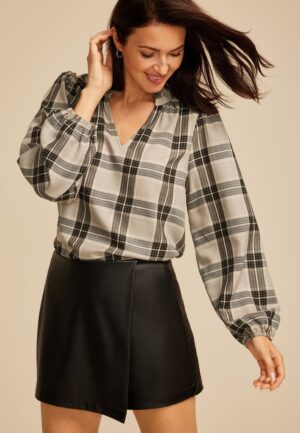 Plaid V Neck Blouse