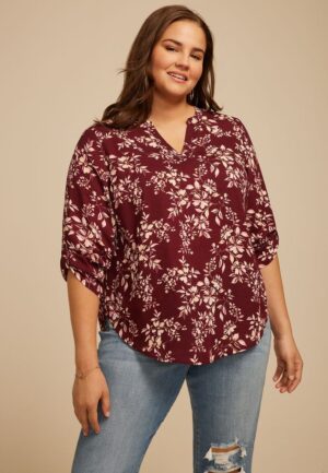 Plus Size Atwood Floral 3/4 Sleeve Popover Blouse