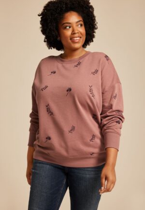 Plus Size Mauve Floral Embroidered Relaxed Fit Sweatshirt