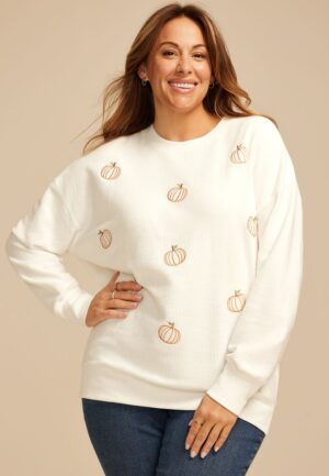 Plus Size Pumpkin Patch Embroidered Relaxed Fit Sweatshirt