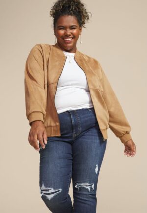Plus Size Tan Suede Bomber Jacket