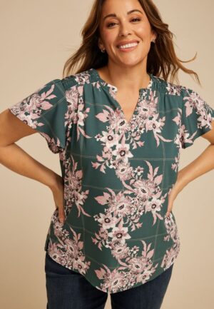 Plus Size Atwood Floral Smocked Shoulder Flutter Sleeve Blouse