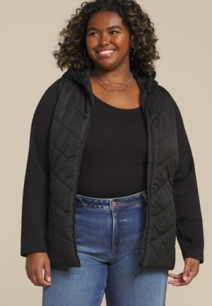 Plus Size Quilted Knit Hooded Jacket